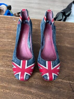 Atrai Blue Denim Heels Red White Union Jack Y2K British Flag Pumps Retro Shoes